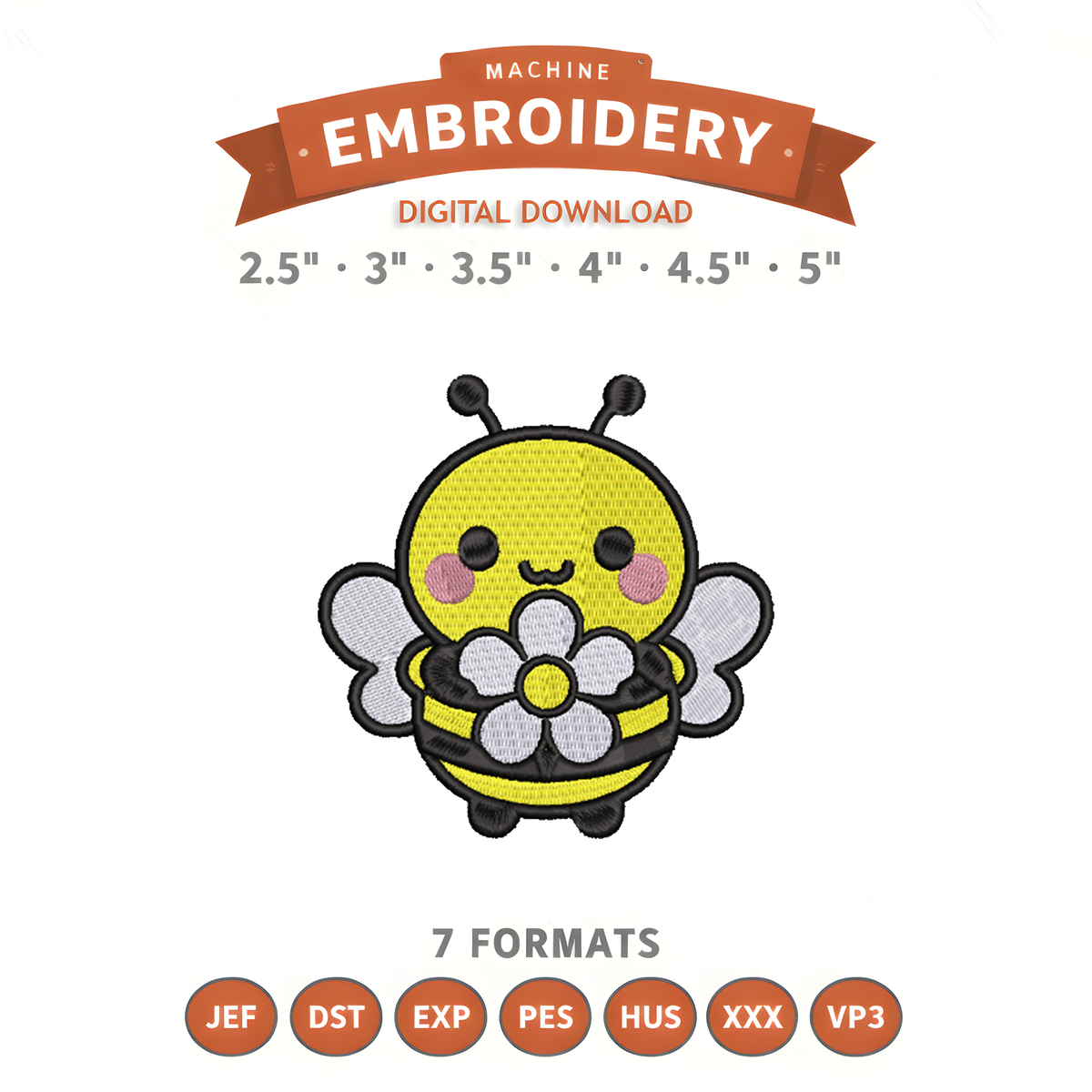 Bumblebee Flower Embroidery Design File | Kawaii Bee | Digital Download | 6 Sizes & 7 Formats Included Threaded Dreams
