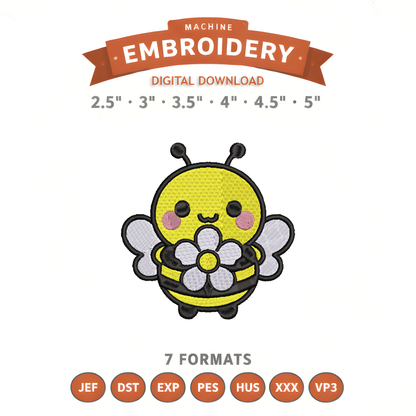 Bumblebee Flower Embroidery Design File | Kawaii Bee | Digital Download | 6 Sizes & 7 Formats Included Threaded Dreams