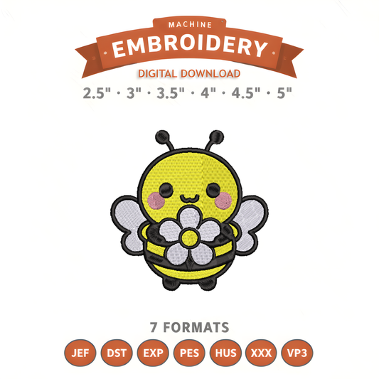 Bumblebee Flower Embroidery Design File | Kawaii Bee | Digital Download | 6 Sizes & 7 Formats Included Threaded Dreams