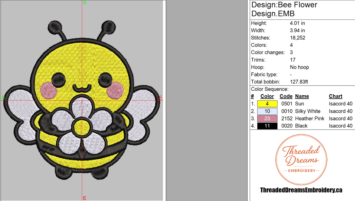Bumblebee Flower Embroidery Design File | Kawaii Bee | Digital Download | 6 Sizes & 7 Formats Included Threaded Dreams