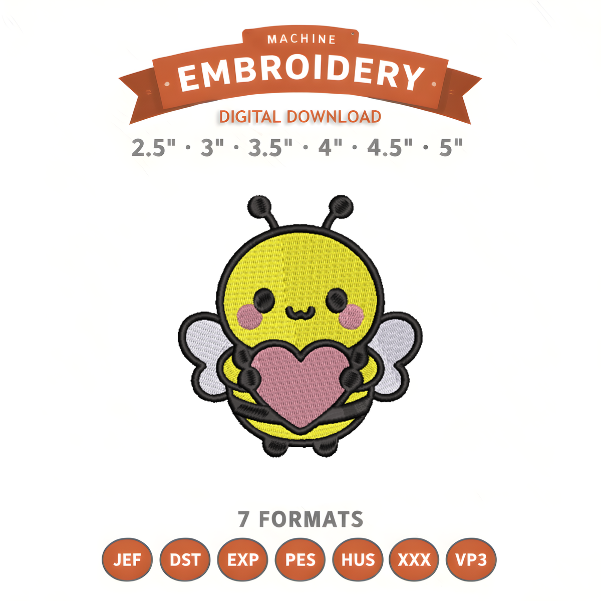 Bumblebee Love Embroidery Design File | Kawaii Bee | Digital Download | 6 Sizes & 7 Formats Included Threaded Dreams