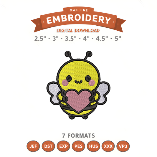 Bumblebee Love Embroidery Design File | Kawaii Bee | Digital Download | 6 Sizes & 7 Formats Included Threaded Dreams