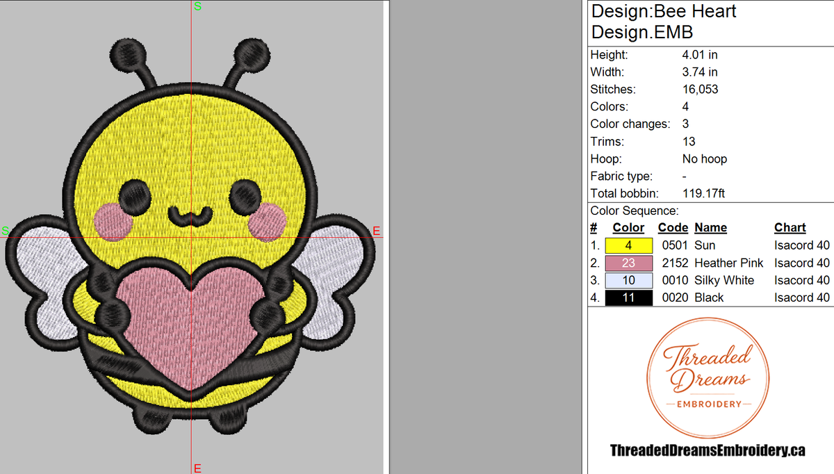 Bumblebee Love Embroidery Design File | Kawaii Bee | Digital Download | 6 Sizes & 7 Formats Included Threaded Dreams