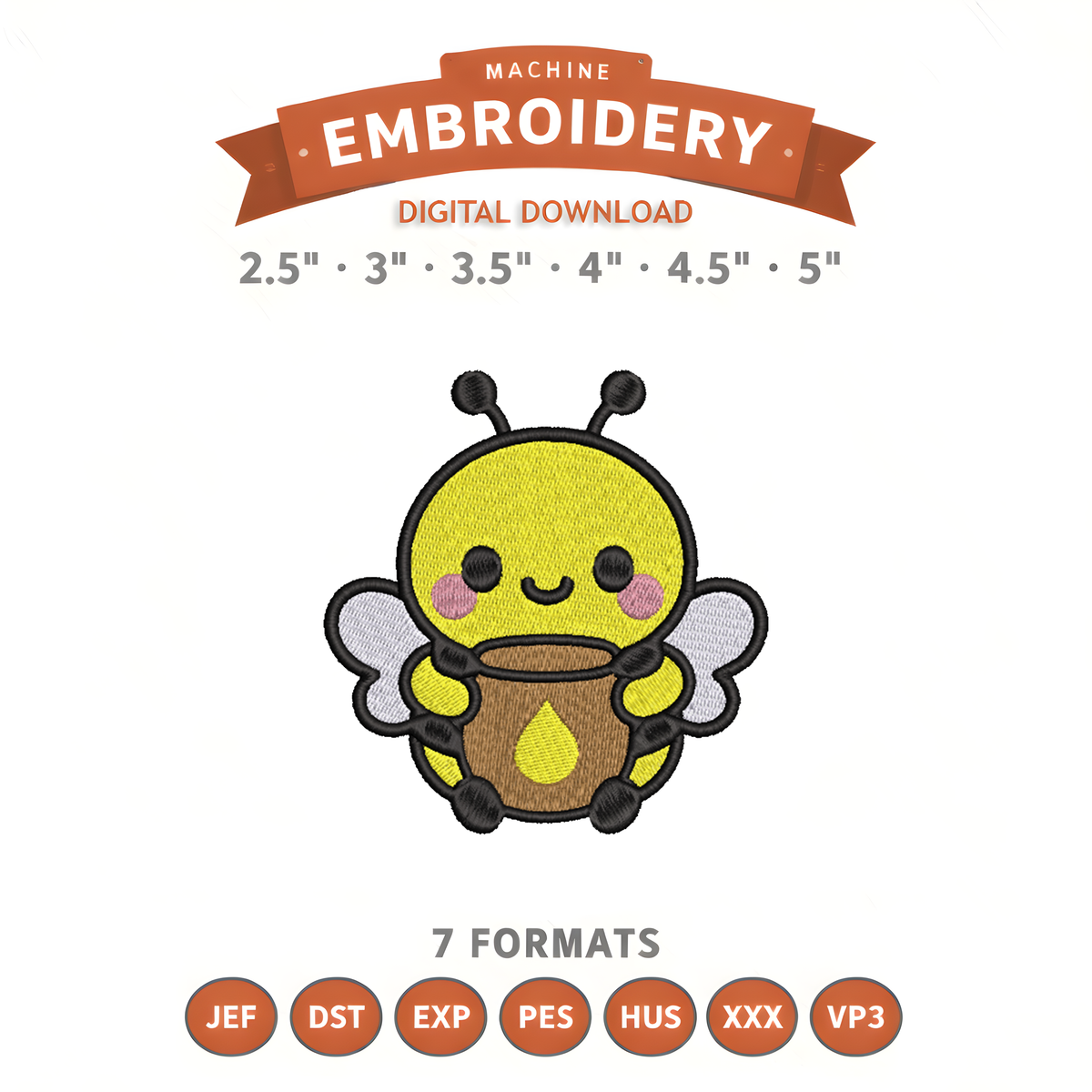 Bumblebee Honey Pot Embroidery Design File | Kawaii Bee | Digital Download | 6 Sizes & 7 Formats Included Threaded Dreams