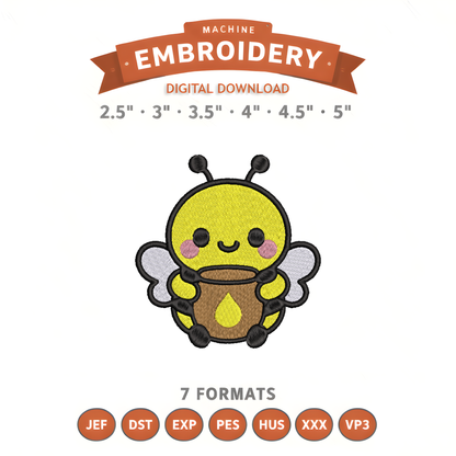 Bumblebee Honey Pot Embroidery Design File | Kawaii Bee | Digital Download | 6 Sizes & 7 Formats Included Threaded Dreams