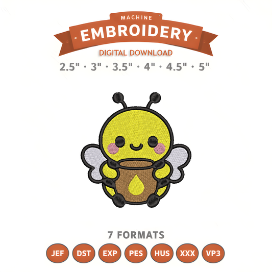Bumblebee Honey Pot Embroidery Design File | Kawaii Bee | Digital Download | 6 Sizes & 7 Formats Included Threaded Dreams