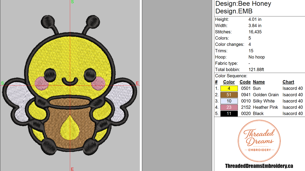 Bumblebee Honey Pot Embroidery Design File | Kawaii Bee | Digital Download | 6 Sizes & 7 Formats Included Threaded Dreams