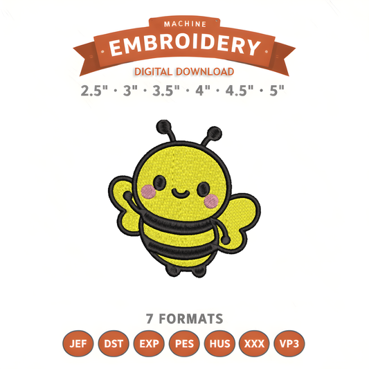Bumblebee Wave Embroidery Design File | Kawaii Bee | Digital Download | 6 Sizes & 7 Formats Included Threaded Dreams