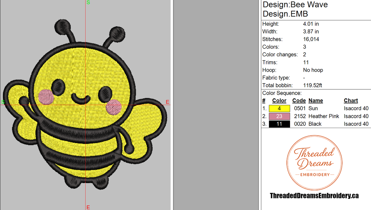 Bumblebee Wave Embroidery Design File | Kawaii Bee | Digital Download | 6 Sizes & 7 Formats Included Threaded Dreams