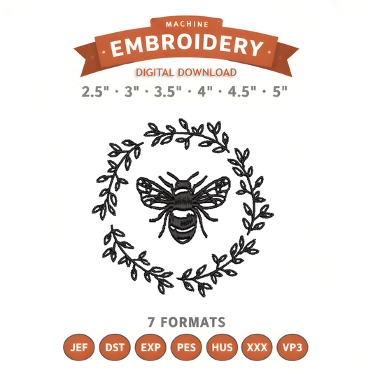 Bee Wreath Embroidery Design File | Digital Download | 6 Sizes & 7 Formats Included Threaded Dreams