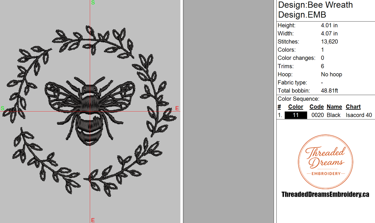 Bee Wreath Embroidery Design File | Digital Download | 6 Sizes & 7 Formats Included Threaded Dreams