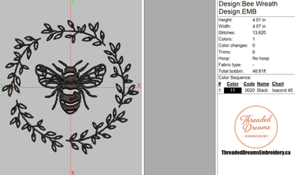 Bee Wreath Embroidery Design File | Digital Download | 6 Sizes & 7 Formats Included Threaded Dreams