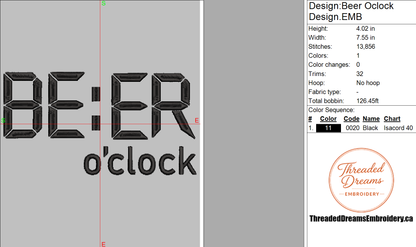 Beer O'Clock Embroidery Design File | Digital Download | 6 Sizes & 7 Formats Included Threaded Dreams
