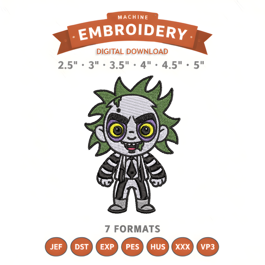 Beetlejuice Embroidery Design File | Digital Download | 6 Sizes & 7 Formats Included Threaded Dreams
