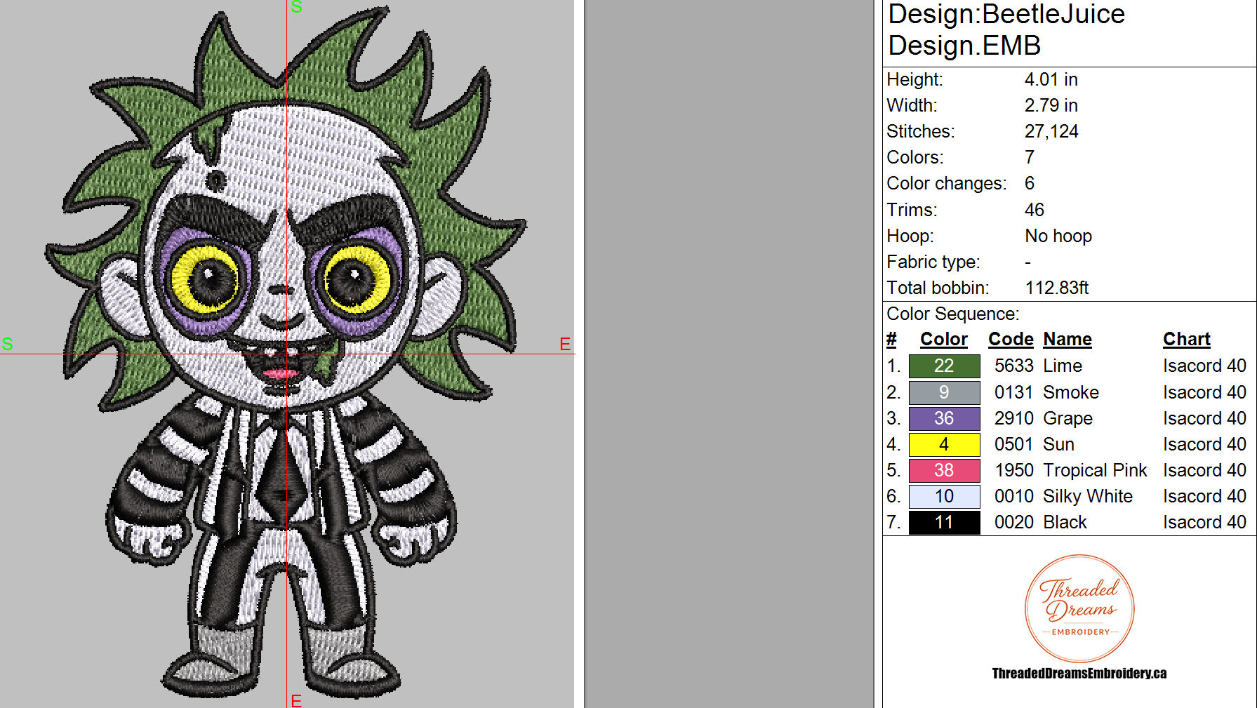 Beetlejuice Embroidery Design File | Digital Download | 6 Sizes & 7 Formats Included Threaded Dreams