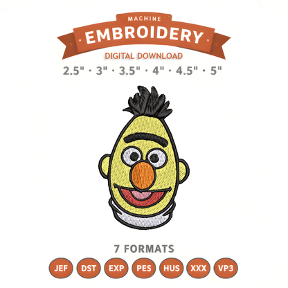 Bert Sesame Street Embroidery Design File | Digital Download | 6 Sizes & 7 Formats Included