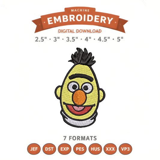 Bert Sesame Street Embroidery Design File | Digital Download | 6 Sizes & 7 Formats Included