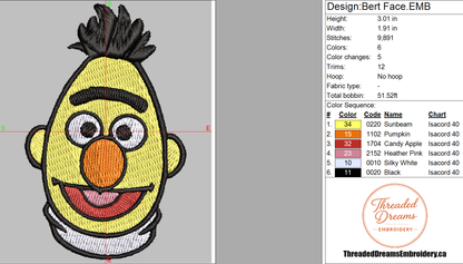 Bert Sesame Street Embroidery Design File | Digital Download | 6 Sizes & 7 Formats Included