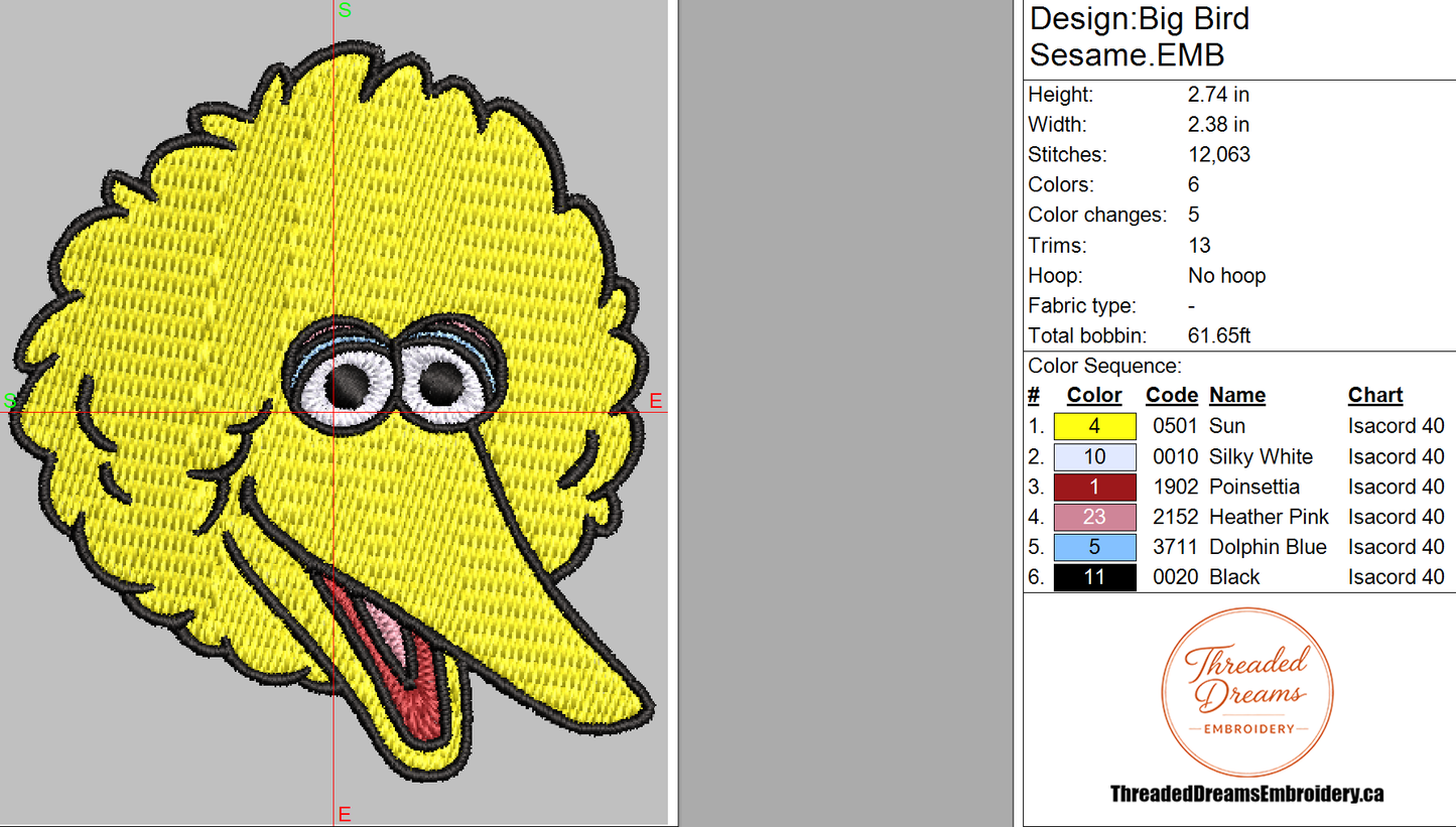 Big Bird Sesame Street Embroidery Design File | Digital Download | 8 Sizes & 7 Formats Included