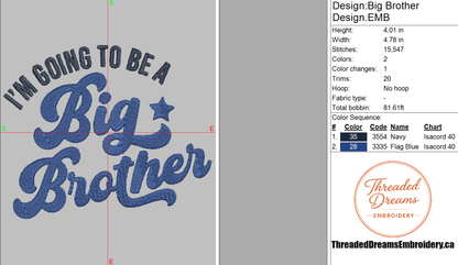 Big Brother Announcement Embroidery Design File | Digital Download | 6 Sizes & 7 Formats Included Threaded Dreams
