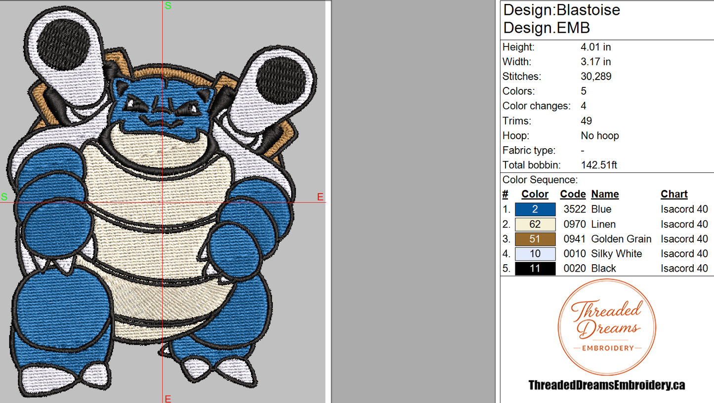 Pokémon Blastoise Embroidery Design File | Digital Download | 6 Sizes & 7 Formats Included Threaded Dreams