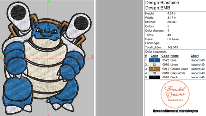 Pokémon Blastoise Embroidery Design File | Digital Download | 6 Sizes & 7 Formats Included Threaded Dreams