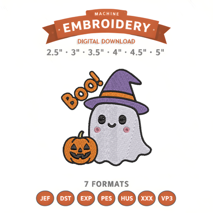 Boo Ghost With Witch Hat Embroidery Design File | Digital Download | 6 Sizes & 7 Formats Included Threaded Dreams