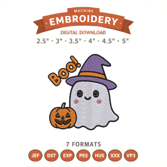 Boo Ghost With Witch Hat Embroidery Design File | Digital Download | 6 Sizes & 7 Formats Included Threaded Dreams