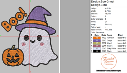 Boo Ghost With Witch Hat Embroidery Design File | Digital Download | 6 Sizes & 7 Formats Included Threaded Dreams