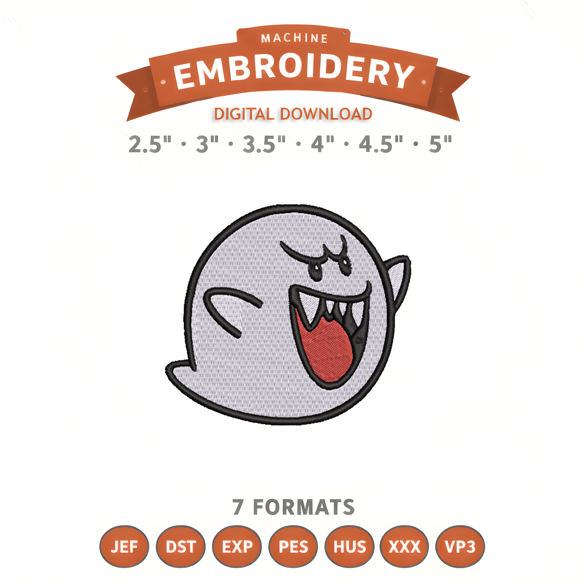 Boo Ghost Mario Embroidery Design File | Digital Download | 6 Sizes & 7 Formats Included Threaded Dreams