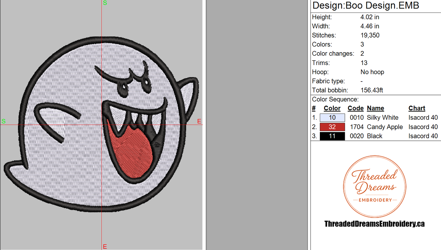Boo Ghost Mario Embroidery Design File | Digital Download | 6 Sizes & 7 Formats Included Threaded Dreams