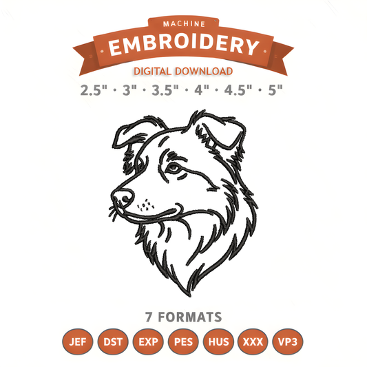 Border Collie Outline Embroidery Design File | Digital Download | 6 Sizes & 7 Formats Included