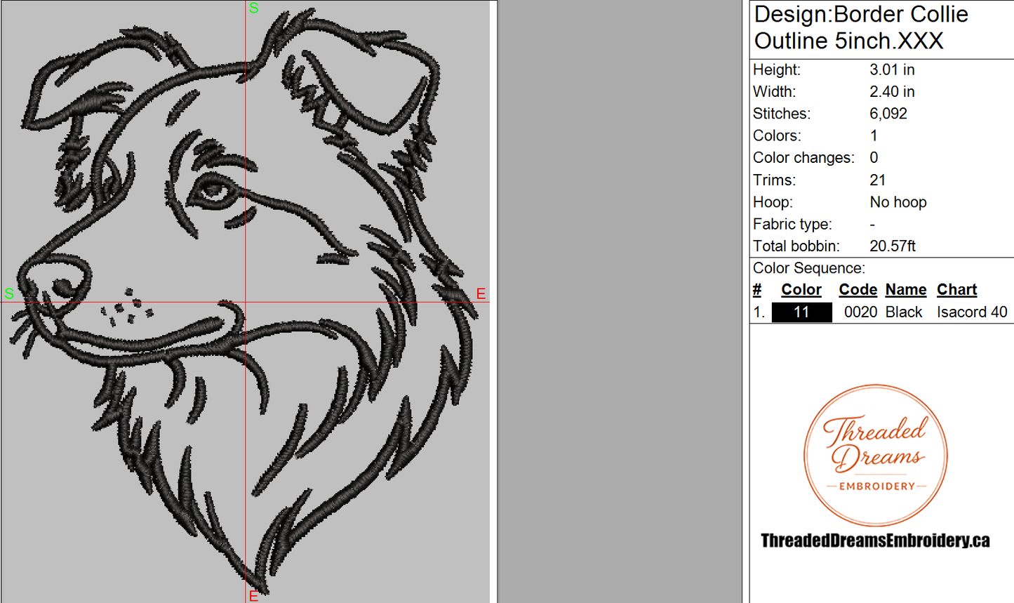 Border Collie Outline Embroidery Design File | Digital Download | 6 Sizes & 7 Formats Included