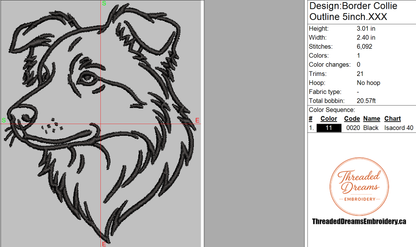 Border Collie Outline Embroidery Design File | Digital Download | 6 Sizes & 7 Formats Included