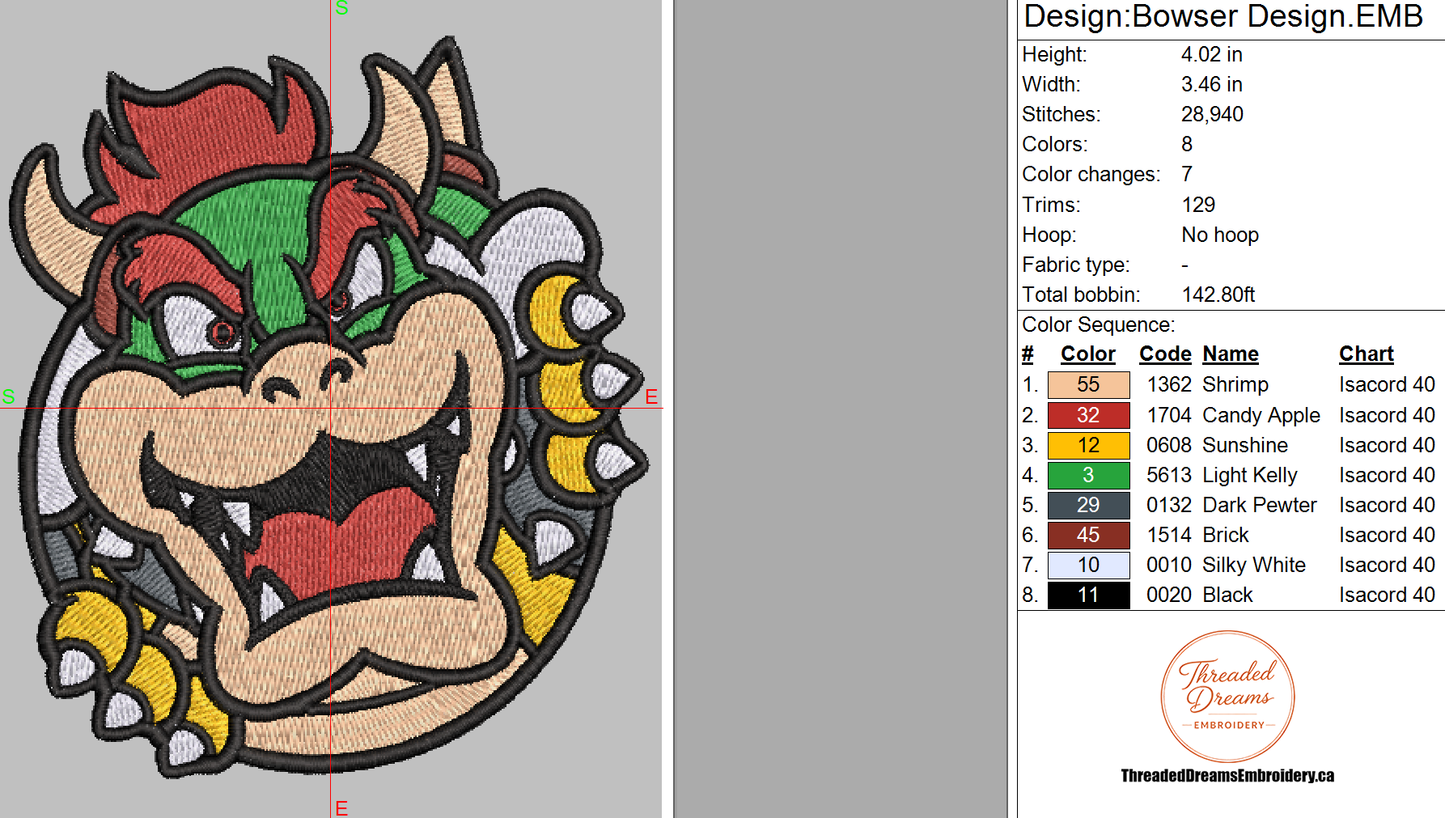 Bowser Embroidery Design File | Digital Download | 6 Sizes & 7 Formats Included Threaded Dreams