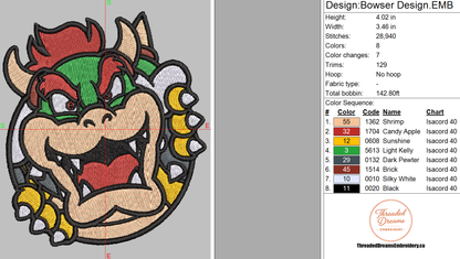 Bowser Embroidery Design File | Digital Download | 6 Sizes & 7 Formats Included Threaded Dreams