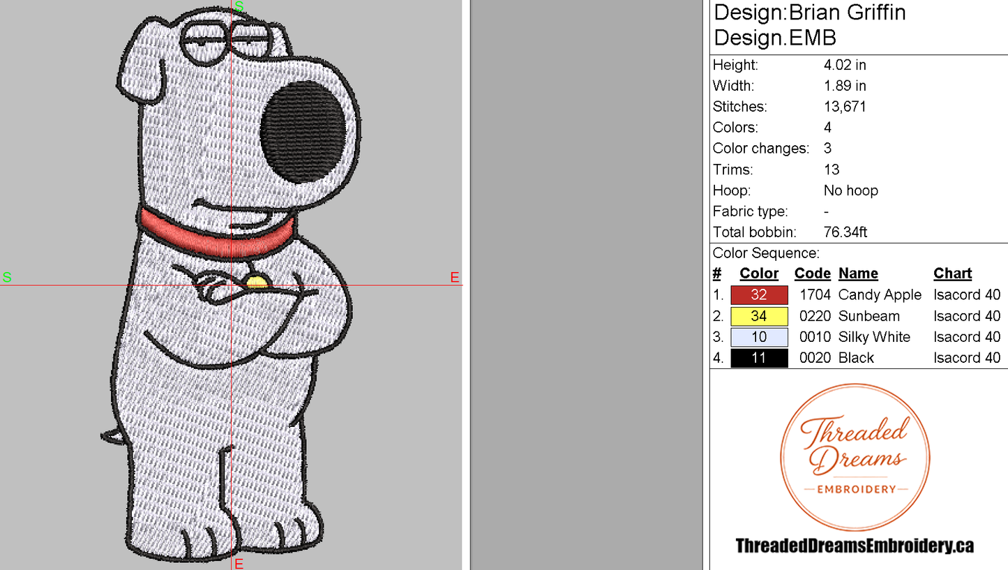Brian Griffin Embroidery Design File | Digital Download | 6 Sizes & 7 Formats Included Threaded Dreams