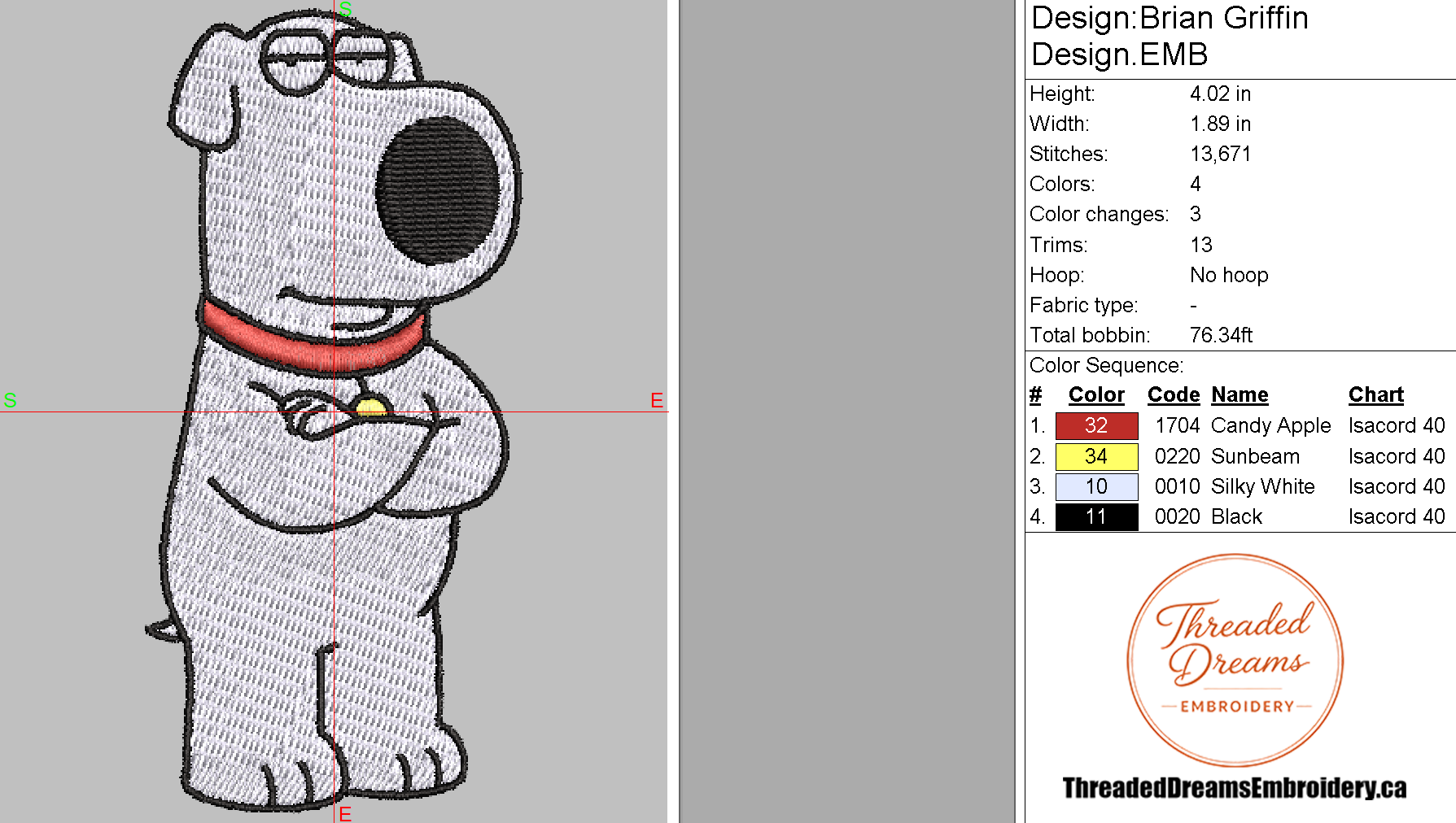 Brian Griffin Embroidery Design File | Digital Download | 6 Sizes & 7 Formats Included Threaded Dreams