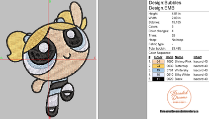 Powerpuff Girls Bubbles Embroidery Design File | Digital Download | 6 Sizes & 7 Formats Included Threaded Dreams
