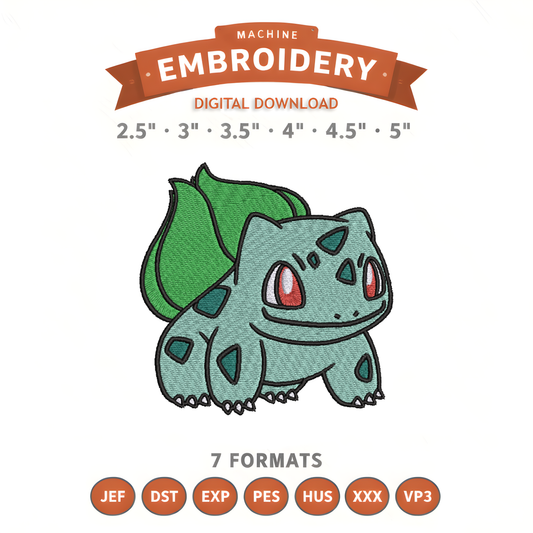 Pokémon Bulbasaur Embroidery Design File | Digital Download | 6 Sizes & 7 Formats Included Threaded Dreams