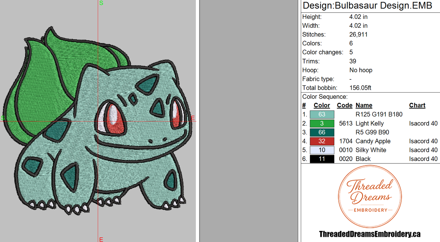 Pokémon Bulbasaur Embroidery Design File | Digital Download | 6 Sizes & 7 Formats Included Threaded Dreams