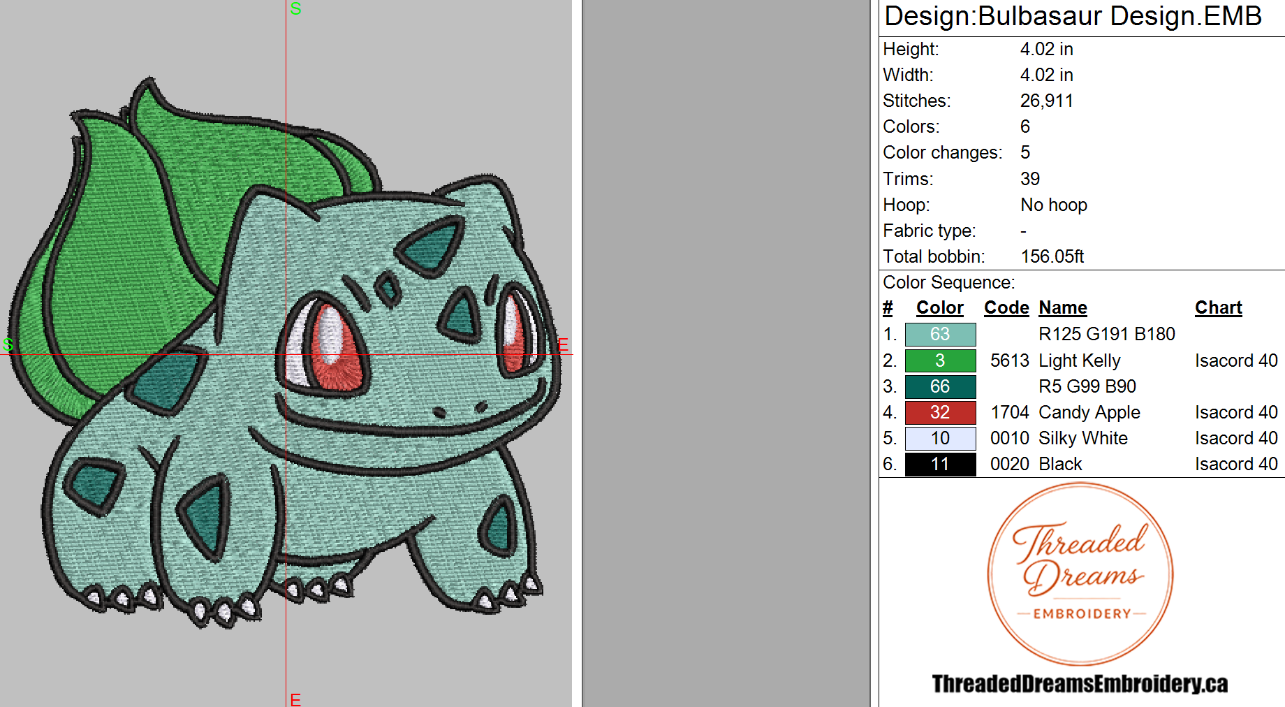 Pokémon Bulbasaur Embroidery Design File | Digital Download | 6 Sizes & 7 Formats Included Threaded Dreams