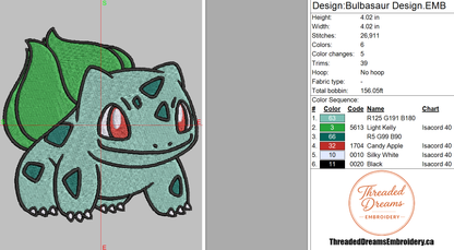 Pokémon Bulbasaur Embroidery Design File | Digital Download | 6 Sizes & 7 Formats Included Threaded Dreams