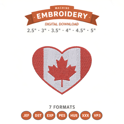 Canada Heart Embroidery Design File | Digital Download | 6 Sizes & 7 Formats Included