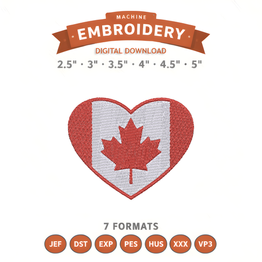 Canada Heart Embroidery Design File | Digital Download | 6 Sizes & 7 Formats Included