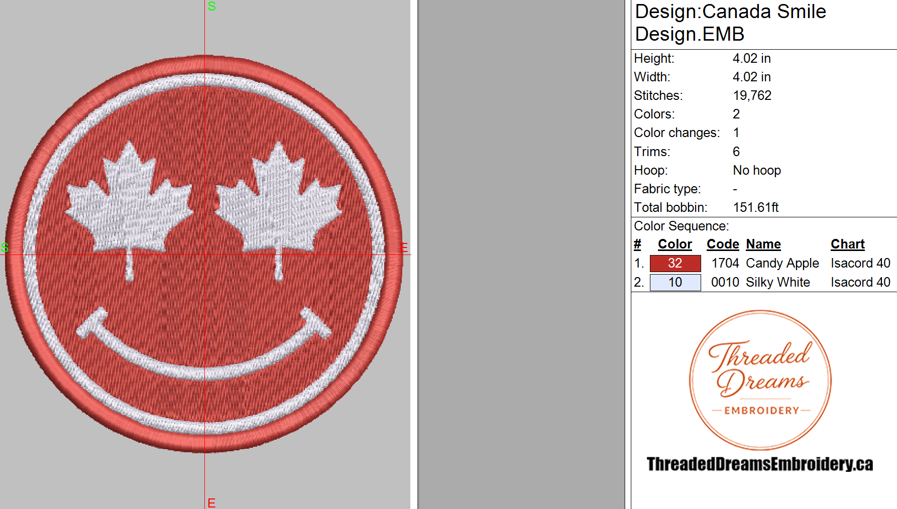 Canada Smile Embroidery Design File | Digital Download | 6 Sizes & 7 Formats Included Threaded Dreams