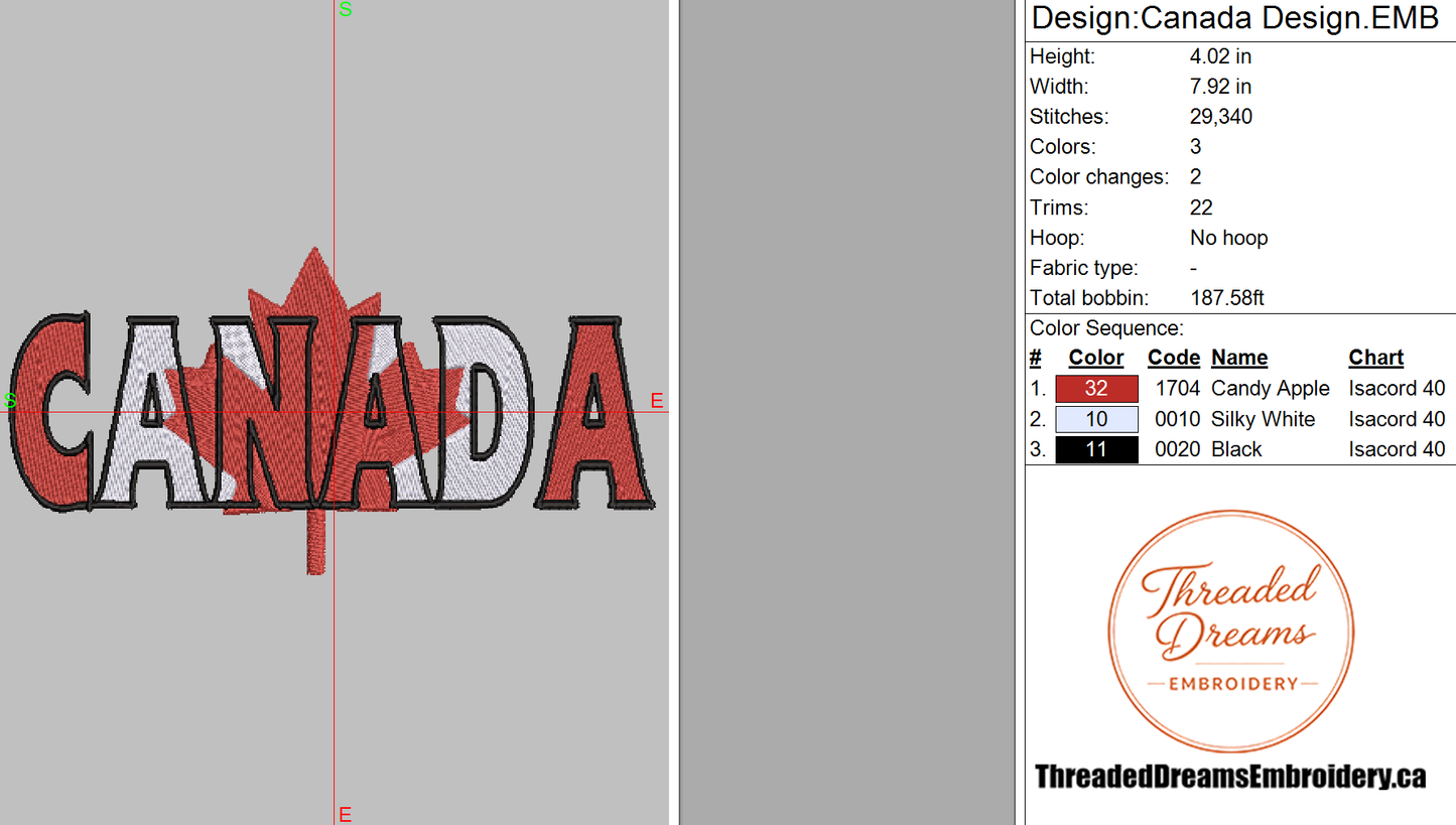 Canada Embroidery Design File | Digital Download | 6 Sizes & 7 Formats Included Threaded Dreams
