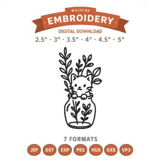 Cat In Flower Vase Outline Embroidery Design File | Digital Download | 6 Sizes & 7 Formats Included Threaded Dreams