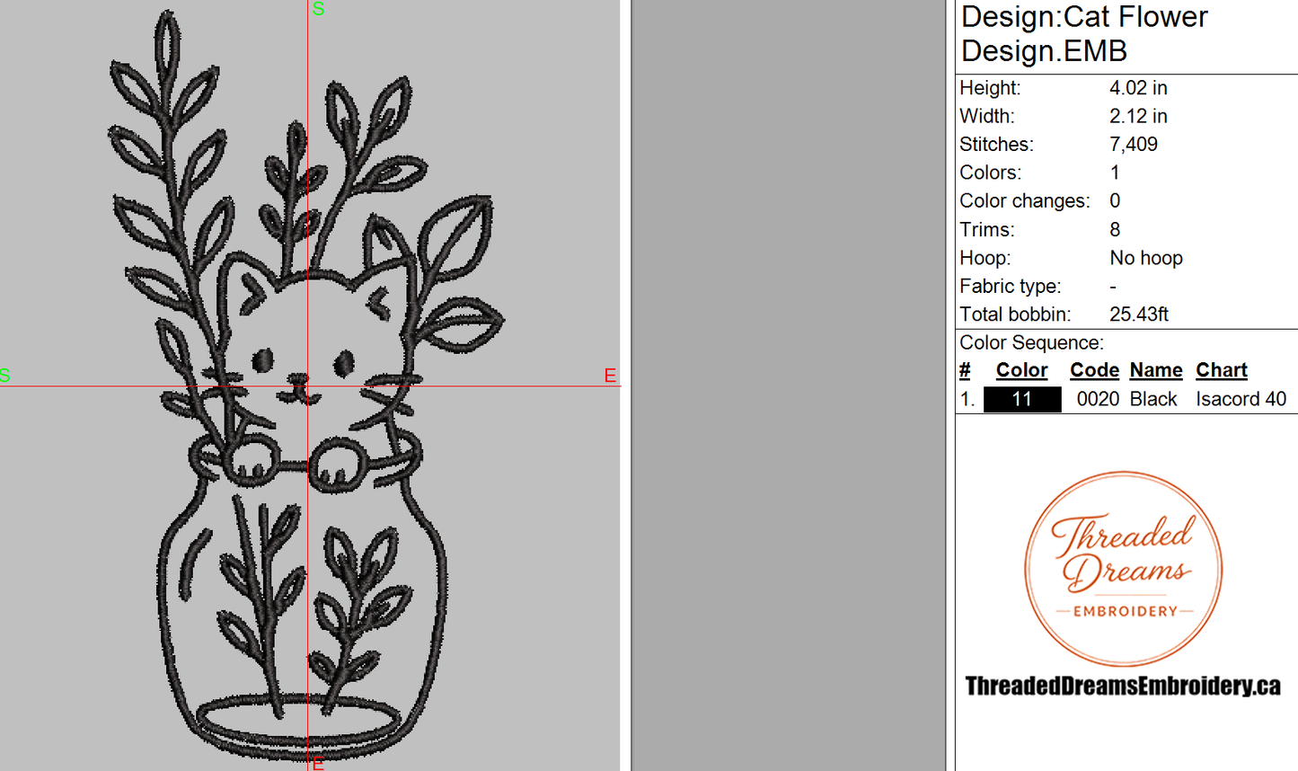 Cat In Flower Vase Outline Embroidery Design File | Digital Download | 6 Sizes & 7 Formats Included Threaded Dreams