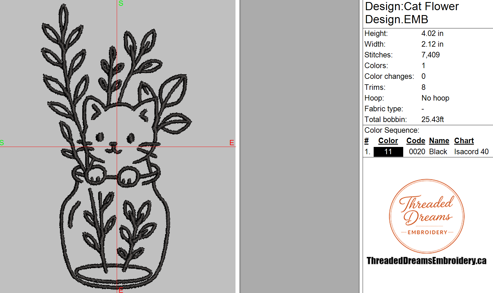 Cat In Flower Vase Outline Embroidery Design File | Digital Download | 6 Sizes & 7 Formats Included Threaded Dreams